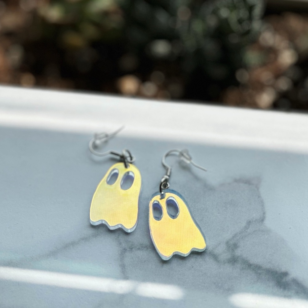 handmade Iridescent Ghost Earrings, Halloween Statement Earrings, hypoallergenic